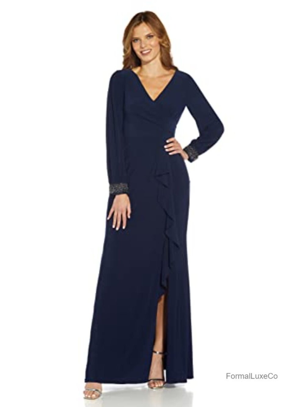 Draped Jersey Beaded Gown Long Sleeve Asymmetrical Neckline Formal